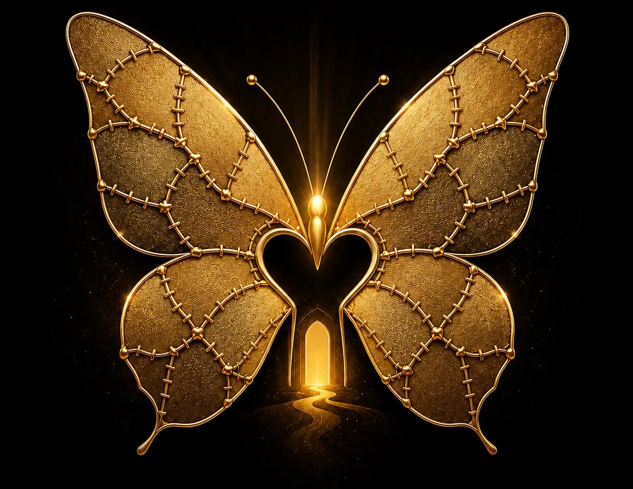 A gold butterfly with kintsugi seams across its wings, a lit doorway and path glowing beneath it