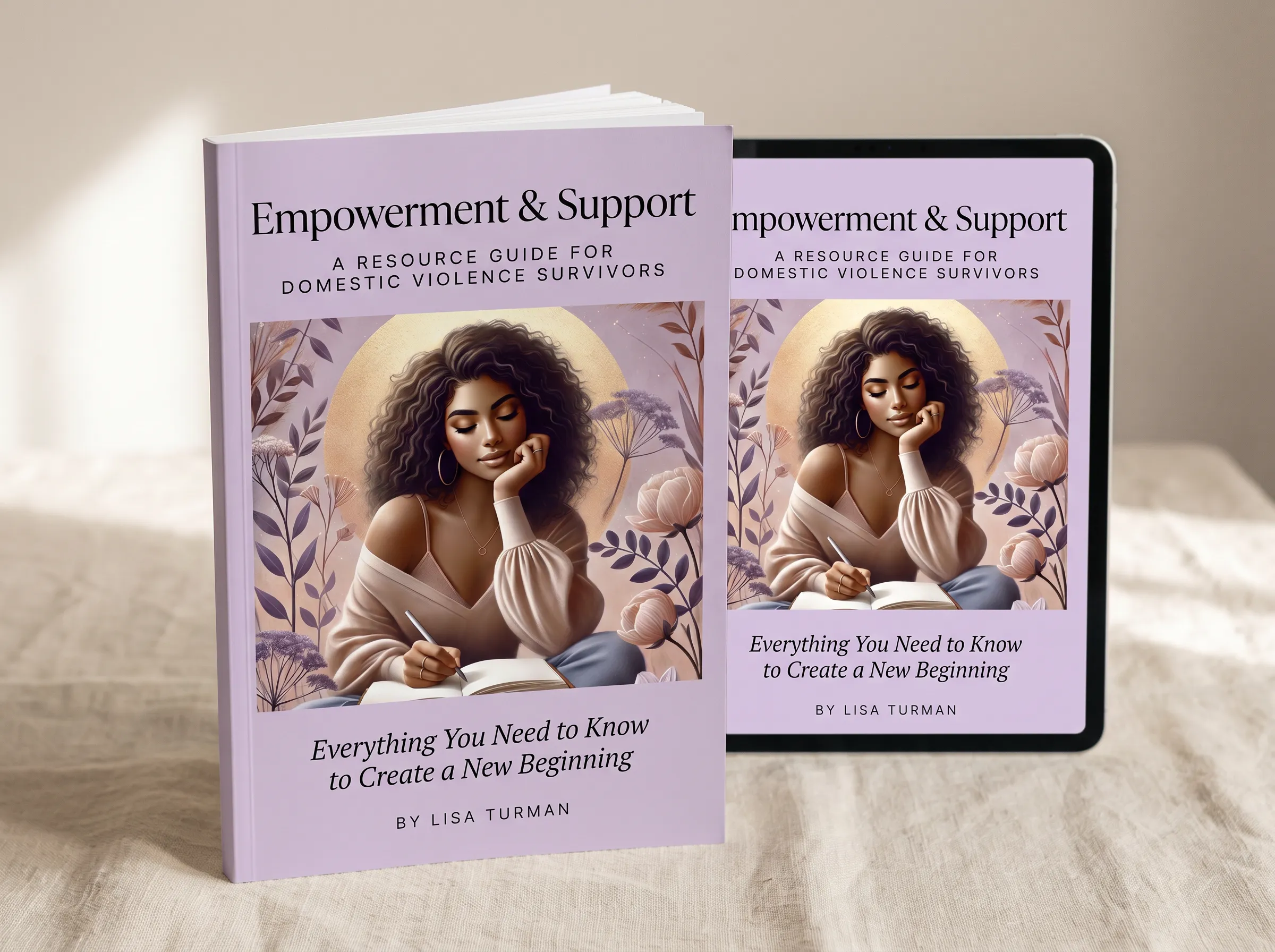 Empowerment & Support, a resource guide for domestic violence survivors by Lisa Turman, shown as a printed guide and on a tablet